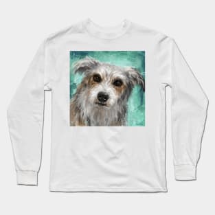 Painting of a Cute Hairy Dog, Looking Directly at You, Turquoise Background Long Sleeve T-Shirt